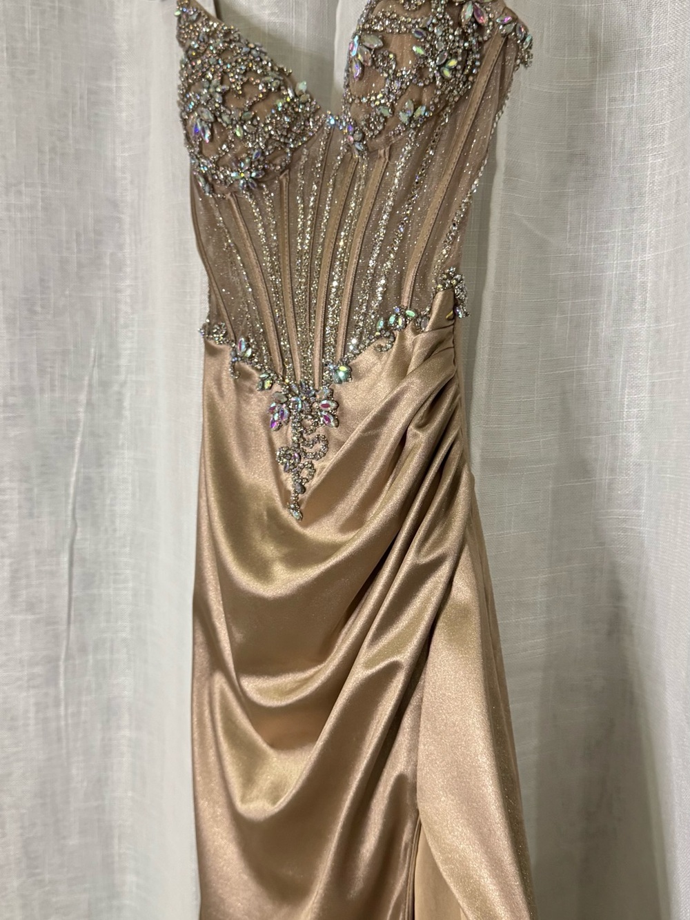 Ladivine Embellished Corset Satin Prom Dress Nude Mermaid Gown - Picture 4 of 13